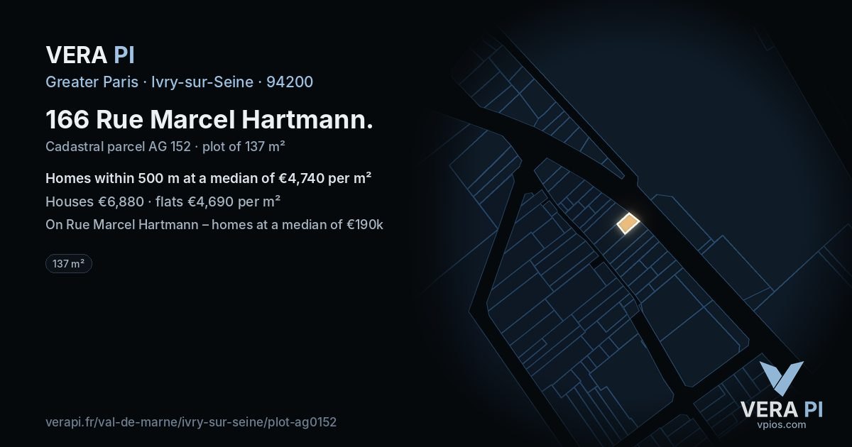 166 Rue Marcel Hartmann, Ivry-sur-Seine at night – the plot lit, the parcels around coloured by the prices near them