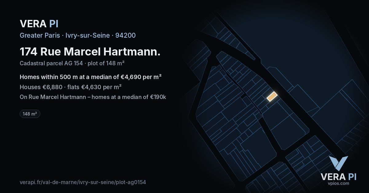 174 Rue Marcel Hartmann, Ivry-sur-Seine at night – the plot lit, the parcels around coloured by the prices near them