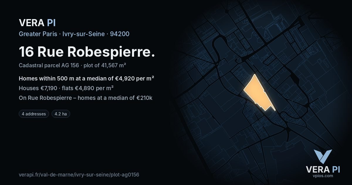 16 Rue Robespierre, Ivry-sur-Seine at night – the plot lit, the parcels around coloured by the prices near them