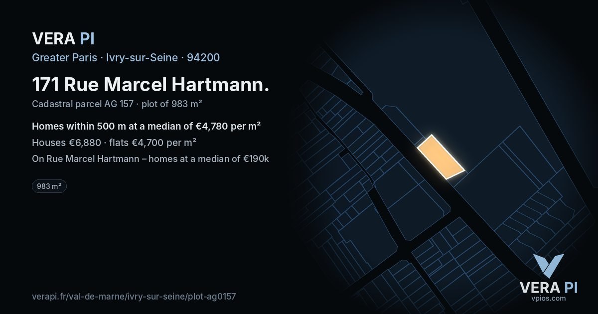 171 Rue Marcel Hartmann, Ivry-sur-Seine at night – the plot lit, the parcels around coloured by the prices near them