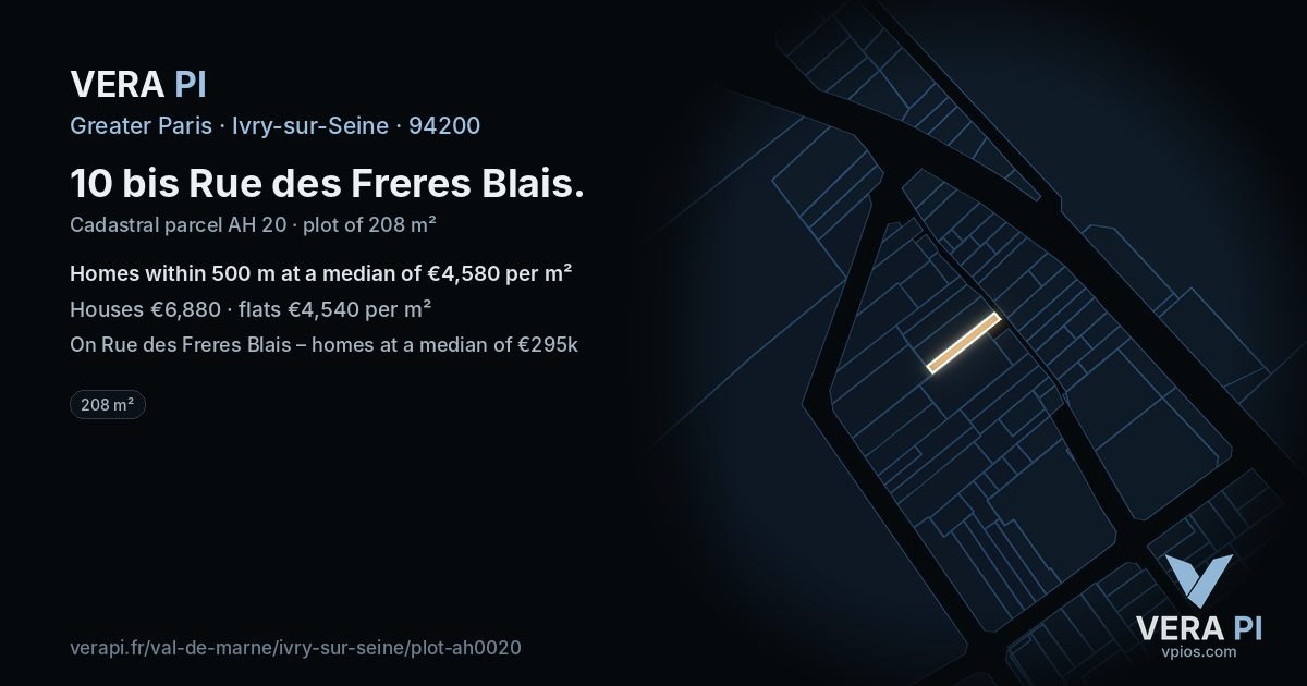 10 bis Rue des Freres Blais, Ivry-sur-Seine at night – the plot lit, the parcels around coloured by the prices near them
