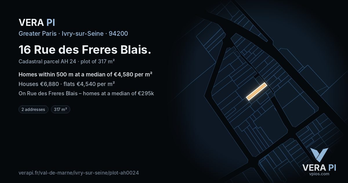 16 Rue des Freres Blais, Ivry-sur-Seine at night – the plot lit, the parcels around coloured by the prices near them