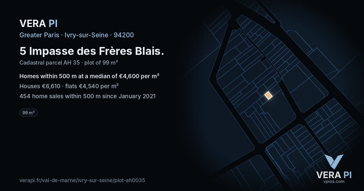 5 Impasse des Frères Blais, Ivry-sur-Seine at night – the plot lit, the parcels around coloured by the prices near them