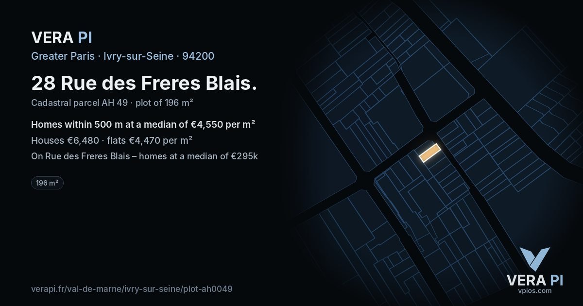 28 Rue des Freres Blais, Ivry-sur-Seine at night – the plot lit, the parcels around coloured by the prices near them