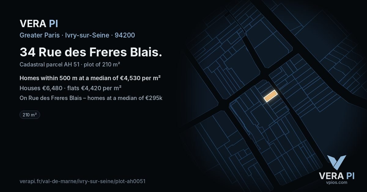 34 Rue des Freres Blais, Ivry-sur-Seine at night – the plot lit, the parcels around coloured by the prices near them