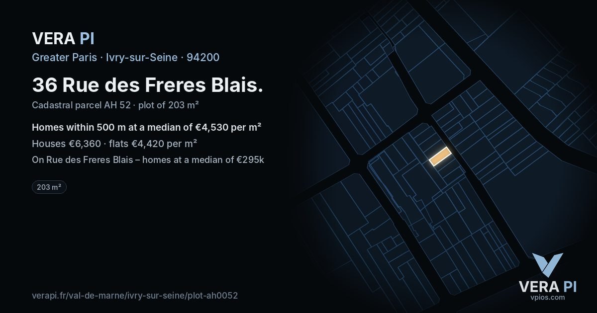 36 Rue des Freres Blais, Ivry-sur-Seine at night – the plot lit, the parcels around coloured by the prices near them