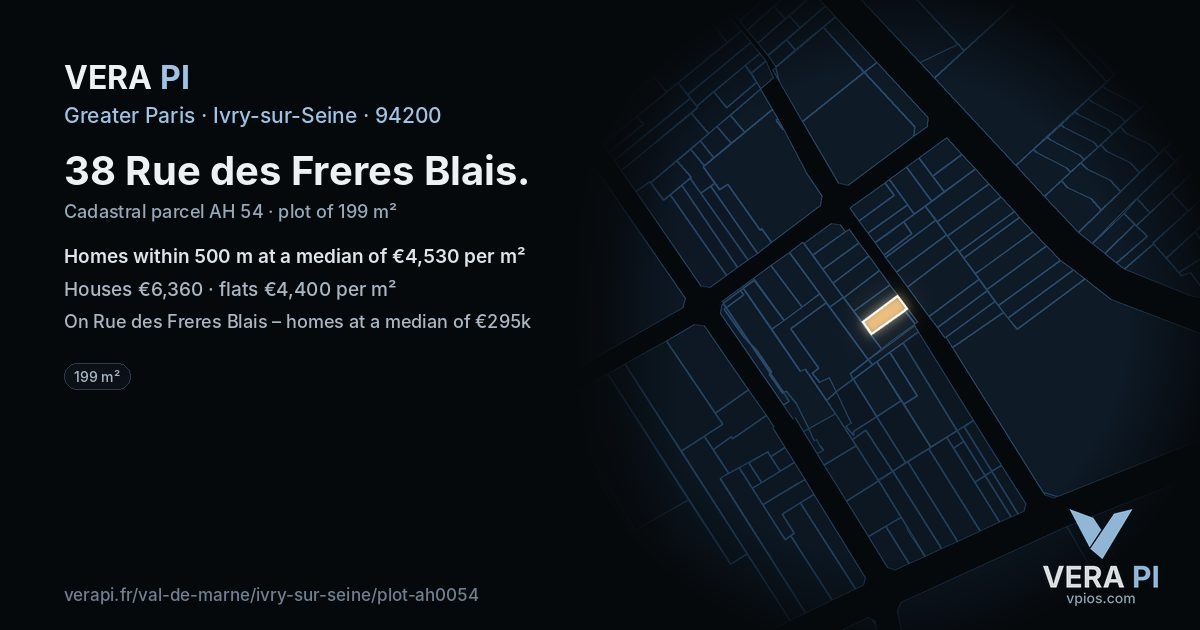 38 Rue des Freres Blais, Ivry-sur-Seine at night – the plot lit, the parcels around coloured by the prices near them