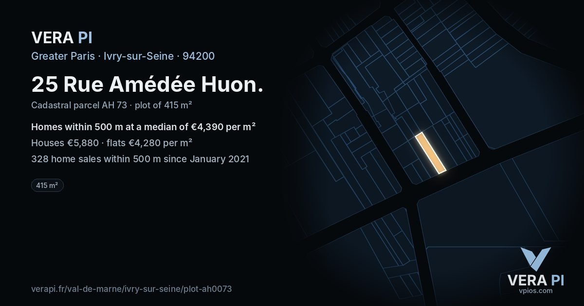 25 Rue Amédée Huon, Ivry-sur-Seine at night – the plot lit, the parcels around coloured by the prices near them