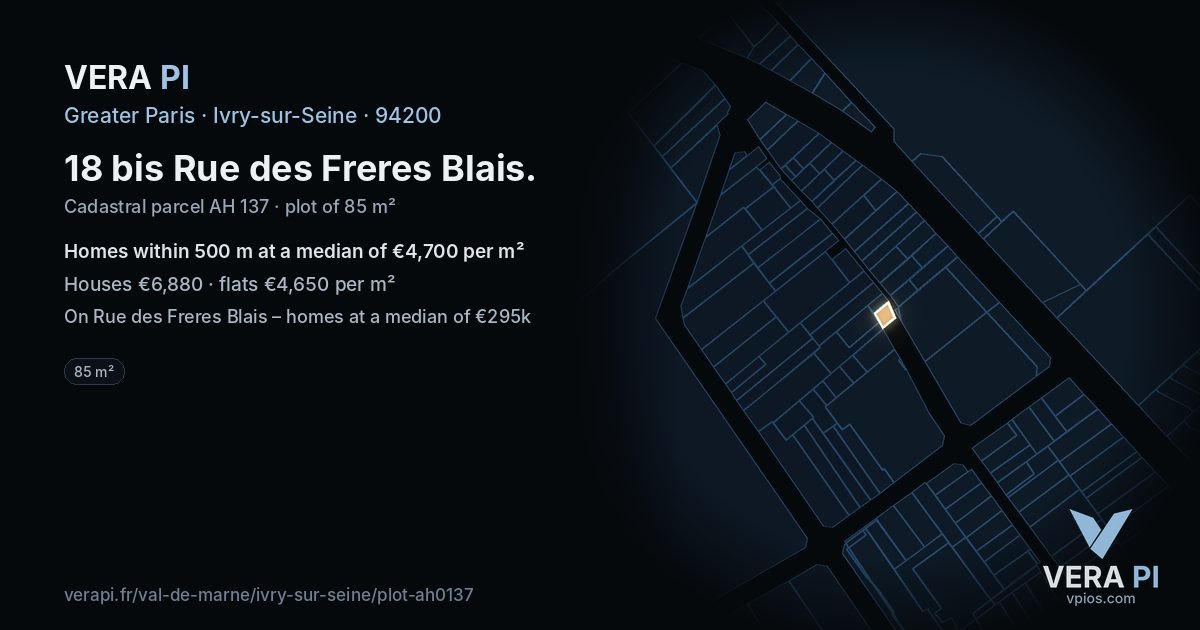 18 bis Rue des Freres Blais, Ivry-sur-Seine at night – the plot lit, the parcels around coloured by the prices near them