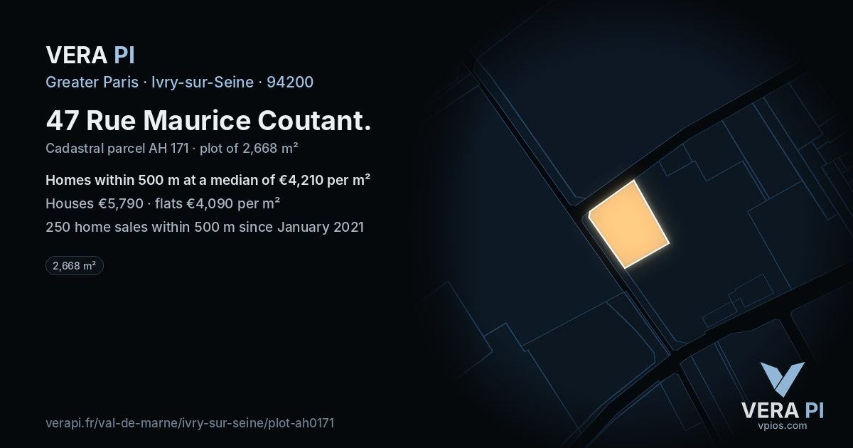 47 Rue Maurice Coutant, Ivry-sur-Seine at night – the plot lit, the parcels around coloured by the prices near them