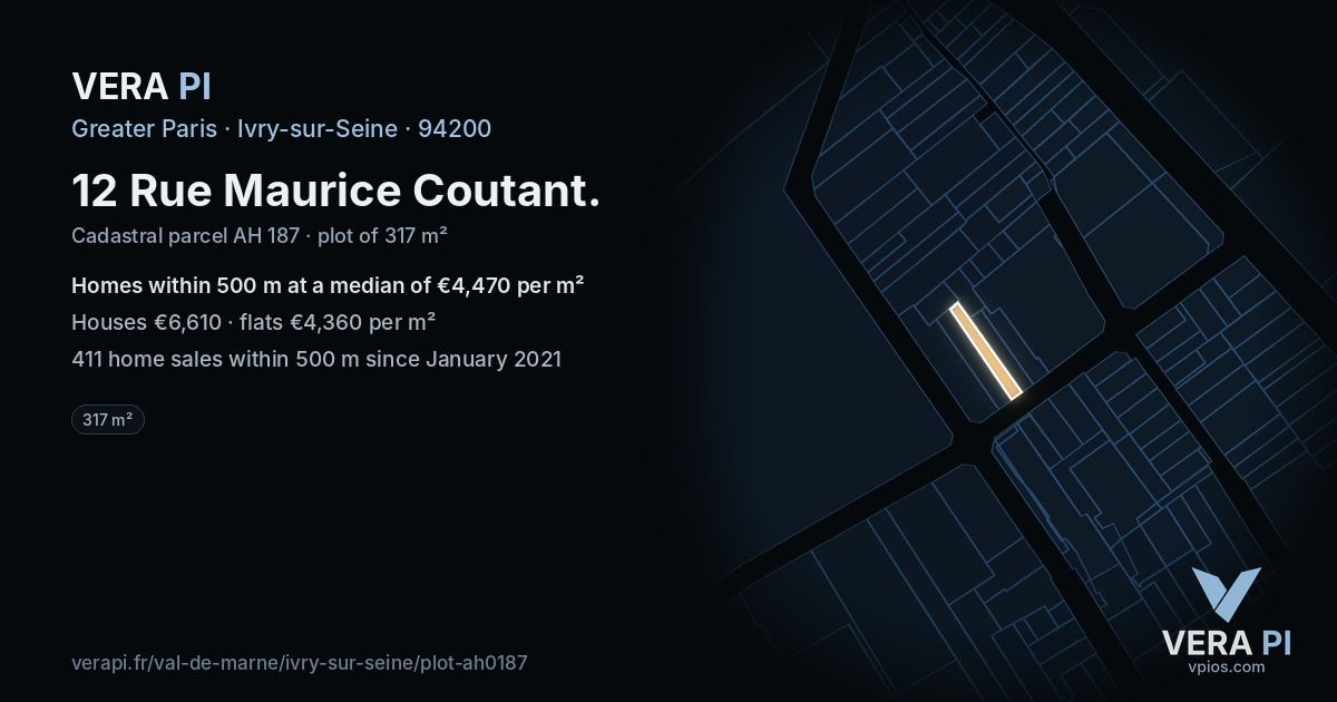 12 Rue Maurice Coutant, Ivry-sur-Seine at night – the plot lit, the parcels around coloured by the prices near them