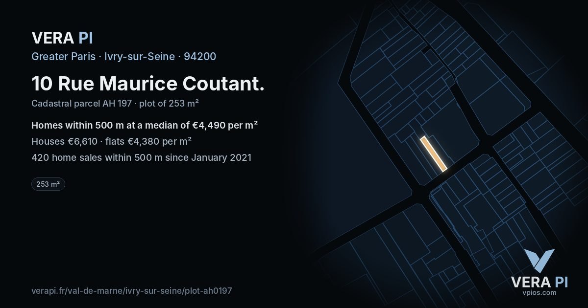 10 Rue Maurice Coutant, Ivry-sur-Seine at night – the plot lit, the parcels around coloured by the prices near them