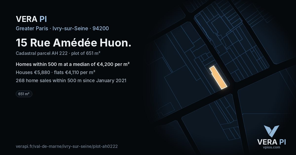 15 Rue Amédée Huon, Ivry-sur-Seine at night – the plot lit, the parcels around coloured by the prices near them