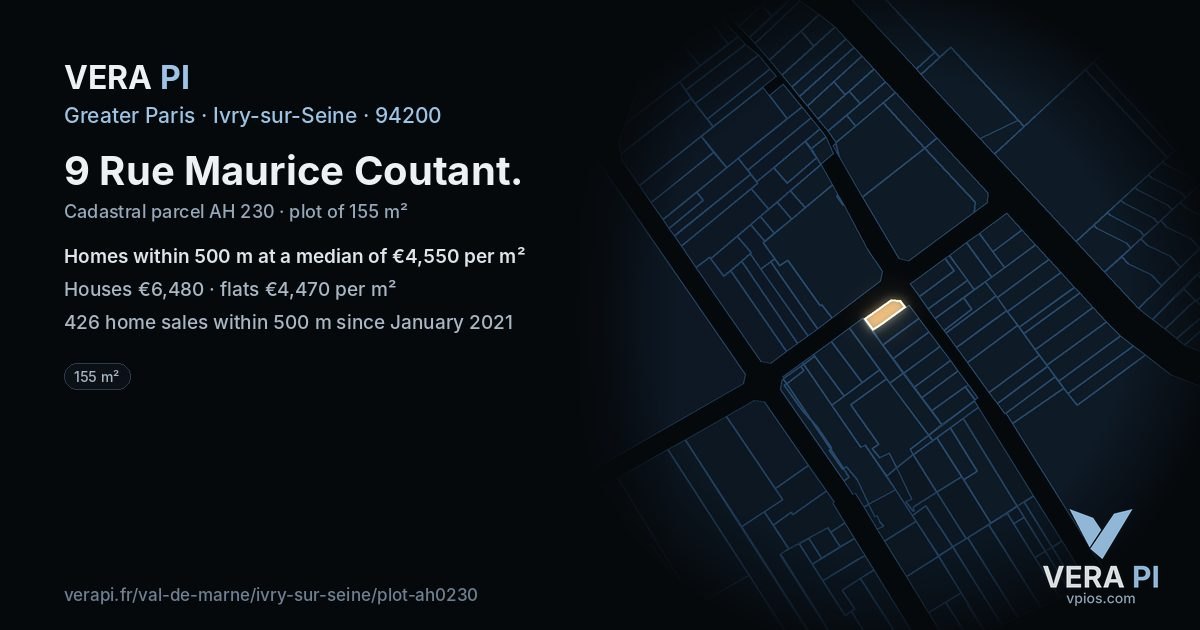 9 Rue Maurice Coutant, Ivry-sur-Seine at night – the plot lit, the parcels around coloured by the prices near them