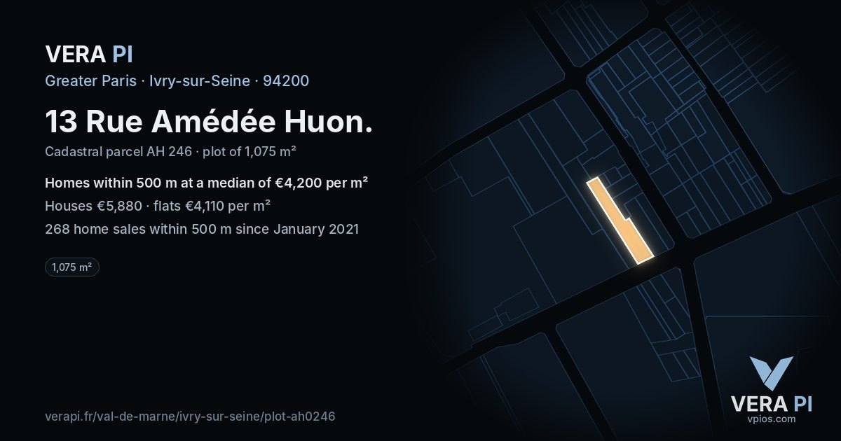 13 Rue Amédée Huon, Ivry-sur-Seine at night – the plot lit, the parcels around coloured by the prices near them