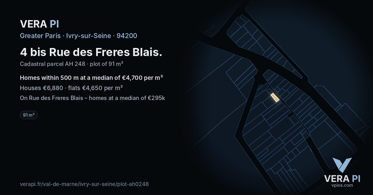 4 bis Rue des Freres Blais, Ivry-sur-Seine at night – the plot lit, the parcels around coloured by the prices near them