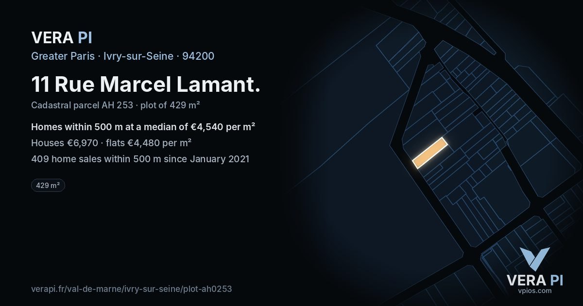 11 Rue Marcel Lamant, Ivry-sur-Seine at night – the plot lit, the parcels around coloured by the prices near them