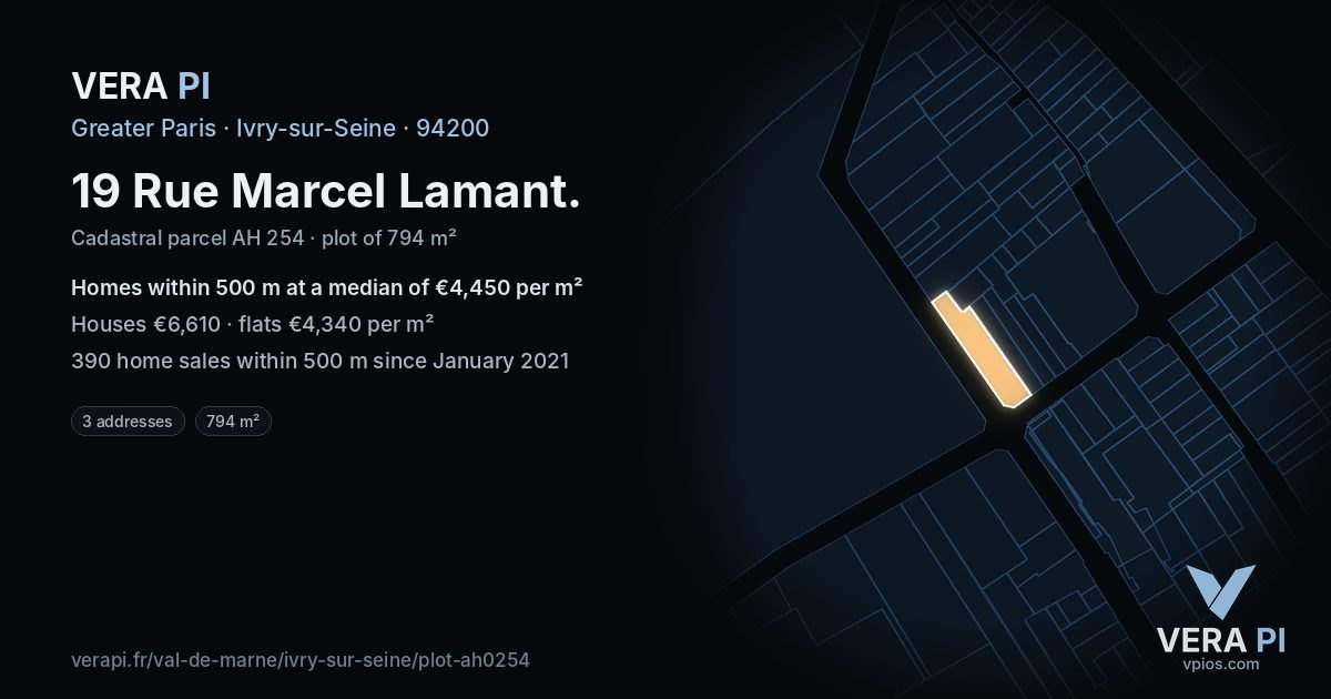 19 Rue Marcel Lamant, Ivry-sur-Seine at night – the plot lit, the parcels around coloured by the prices near them