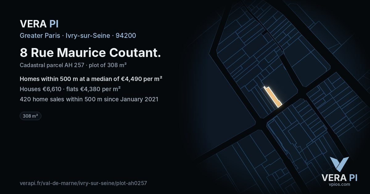 8 Rue Maurice Coutant, Ivry-sur-Seine at night – the plot lit, the parcels around coloured by the prices near them