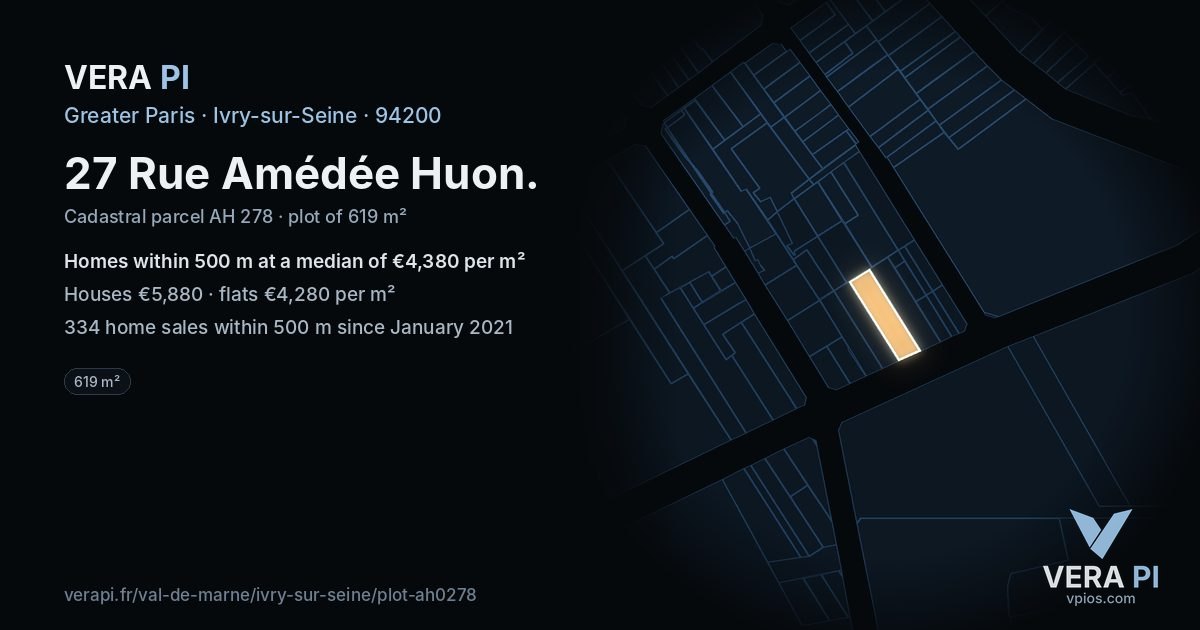 27 Rue Amédée Huon, Ivry-sur-Seine at night – the plot lit, the parcels around coloured by the prices near them