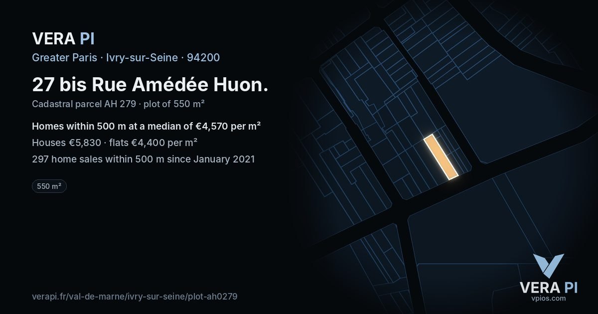 27 bis Rue Amédée Huon, Ivry-sur-Seine at night – the plot lit, the parcels around coloured by the prices near them
