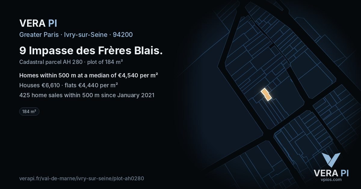 9 Impasse des Frères Blais, Ivry-sur-Seine at night – the plot lit, the parcels around coloured by the prices near them