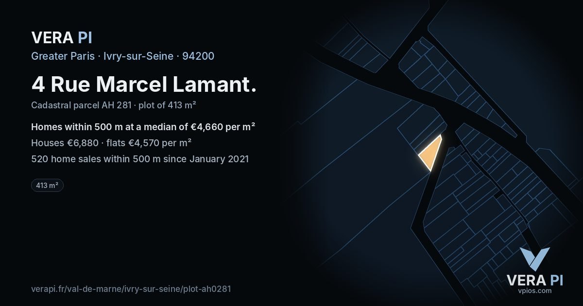 4 Rue Marcel Lamant, Ivry-sur-Seine at night – the plot lit, the parcels around coloured by the prices near them