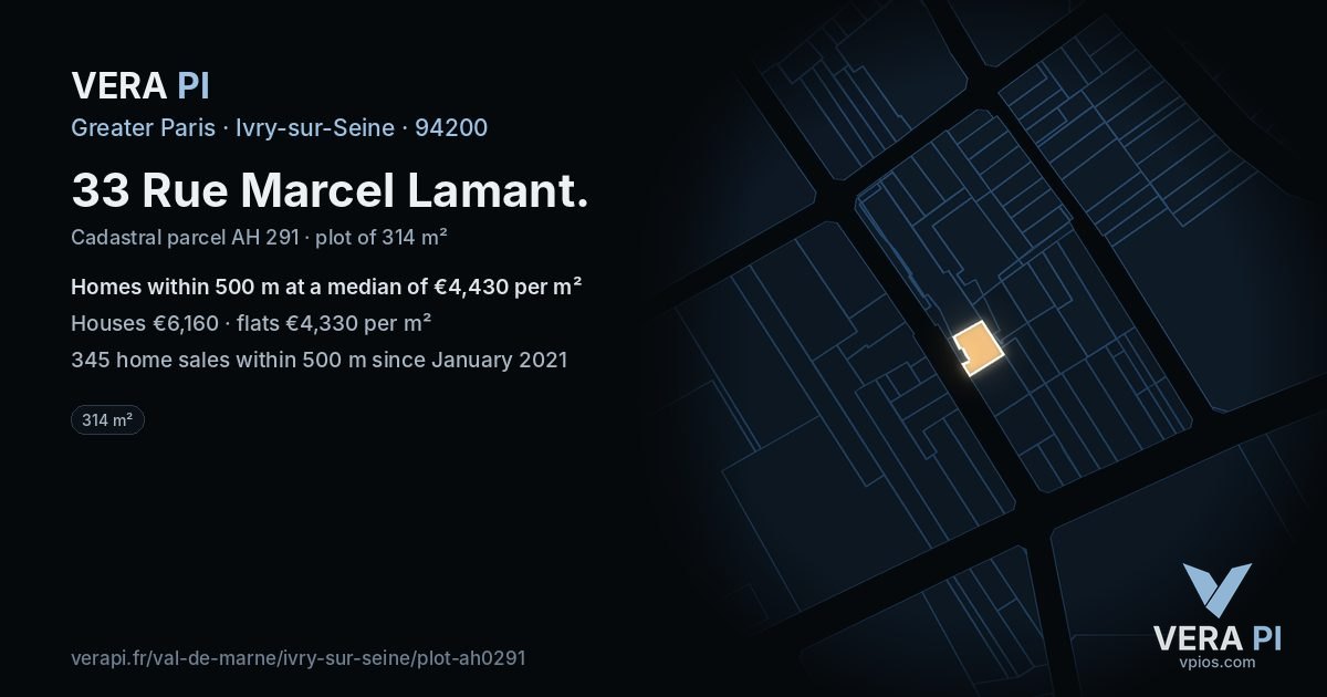 33 Rue Marcel Lamant, Ivry-sur-Seine at night – the plot lit, the parcels around coloured by the prices near them