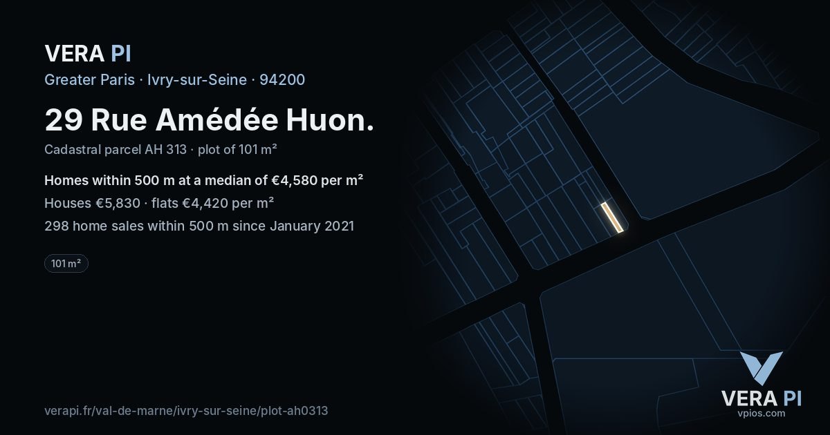 29 Rue Amédée Huon, Ivry-sur-Seine at night – the plot lit, the parcels around coloured by the prices near them