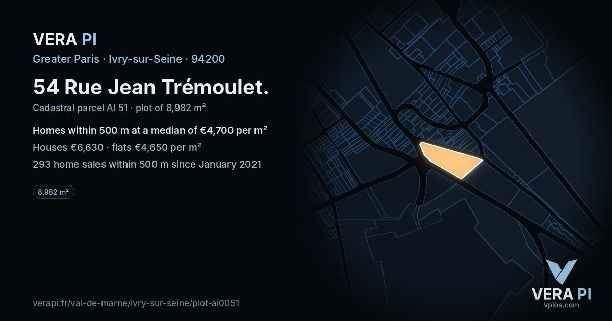 54 Rue Jean Trémoulet, Ivry-sur-Seine at night – the plot lit, the parcels around coloured by the prices near them