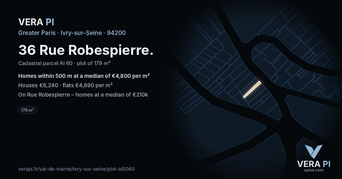 36 Rue Robespierre, Ivry-sur-Seine at night – the plot lit, the parcels around coloured by the prices near them