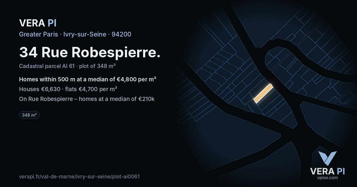 34 Rue Robespierre, Ivry-sur-Seine at night – the plot lit, the parcels around coloured by the prices near them