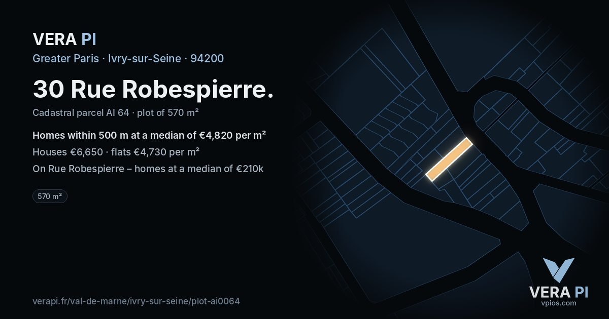 30 Rue Robespierre, Ivry-sur-Seine at night – the plot lit, the parcels around coloured by the prices near them