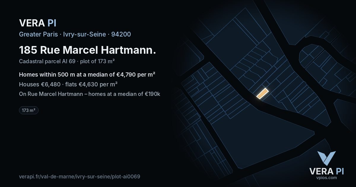 185 Rue Marcel Hartmann, Ivry-sur-Seine at night – the plot lit, the parcels around coloured by the prices near them