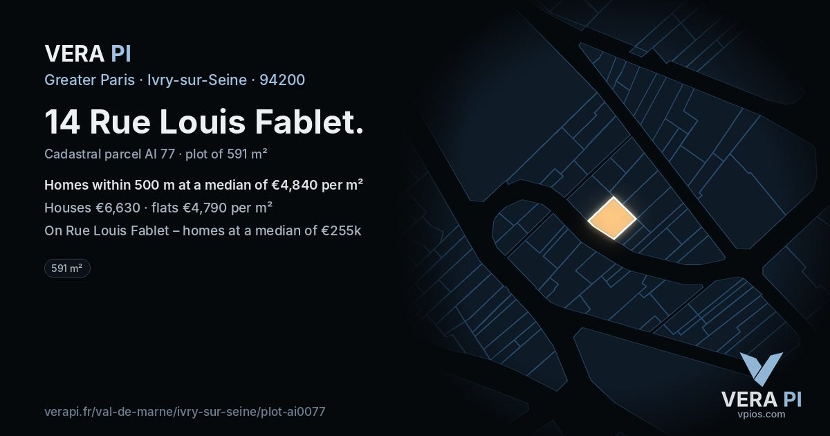 14 Rue Louis Fablet, Ivry-sur-Seine at night – the plot lit, the parcels around coloured by the prices near them