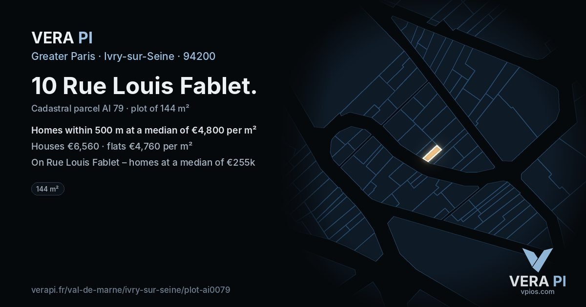 10 Rue Louis Fablet, Ivry-sur-Seine at night – the plot lit, the parcels around coloured by the prices near them