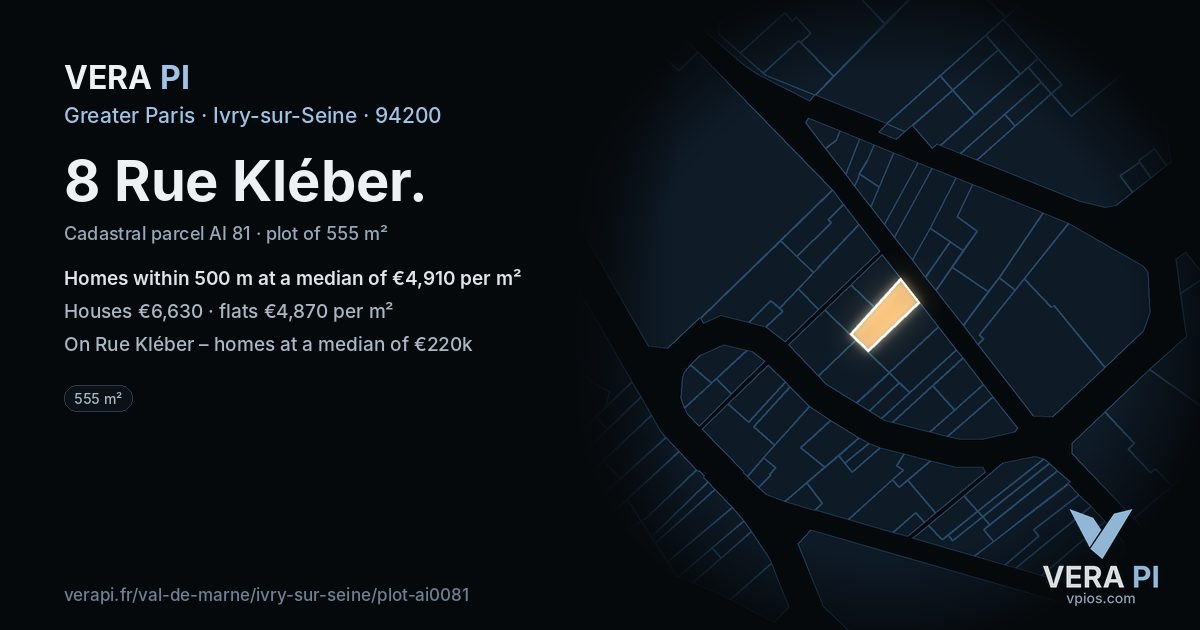 8 Rue Kléber, Ivry-sur-Seine at night – the plot lit, the parcels around coloured by the prices near them