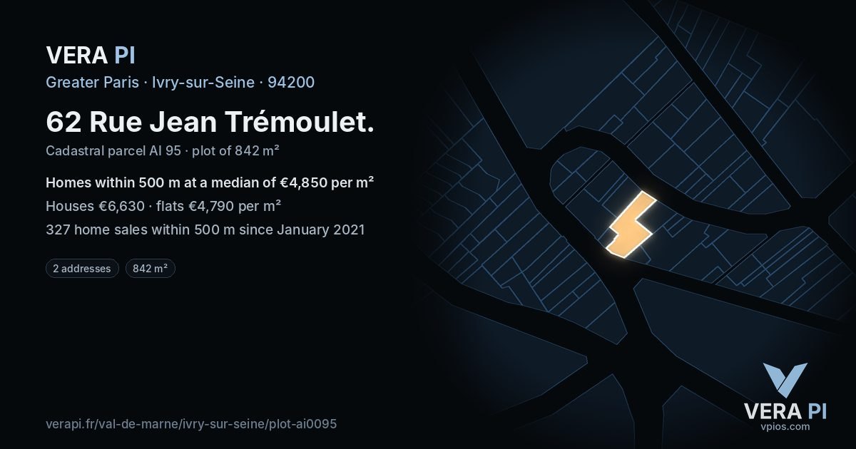 62 Rue Jean Trémoulet, Ivry-sur-Seine at night – the plot lit, the parcels around coloured by the prices near them