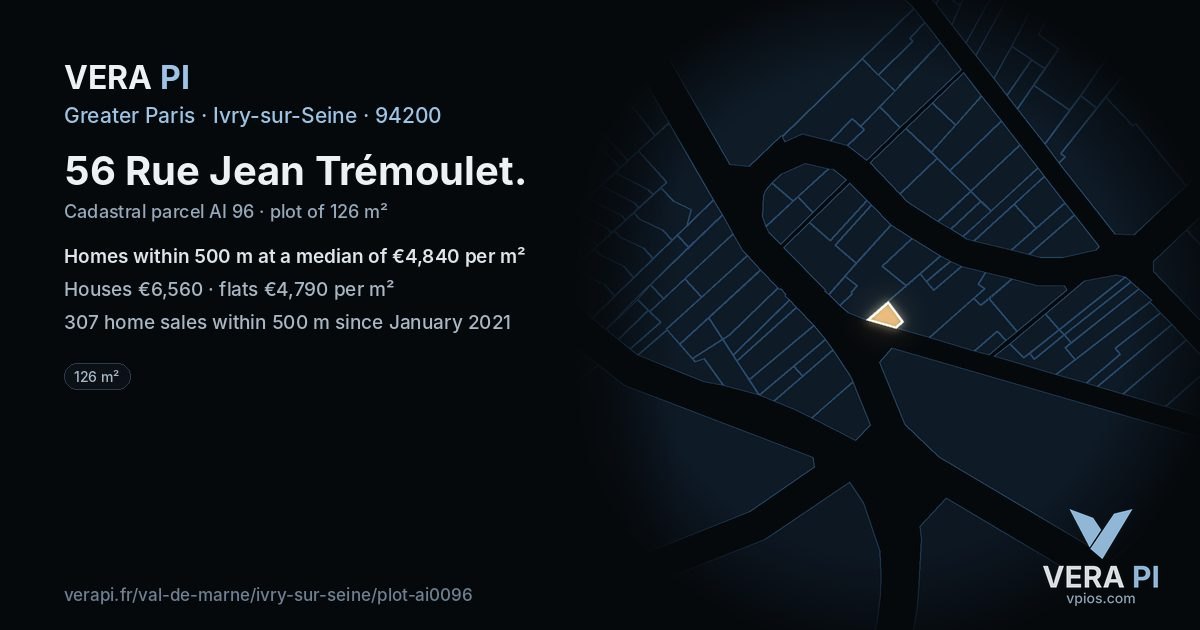 56 Rue Jean Trémoulet, Ivry-sur-Seine at night – the plot lit, the parcels around coloured by the prices near them