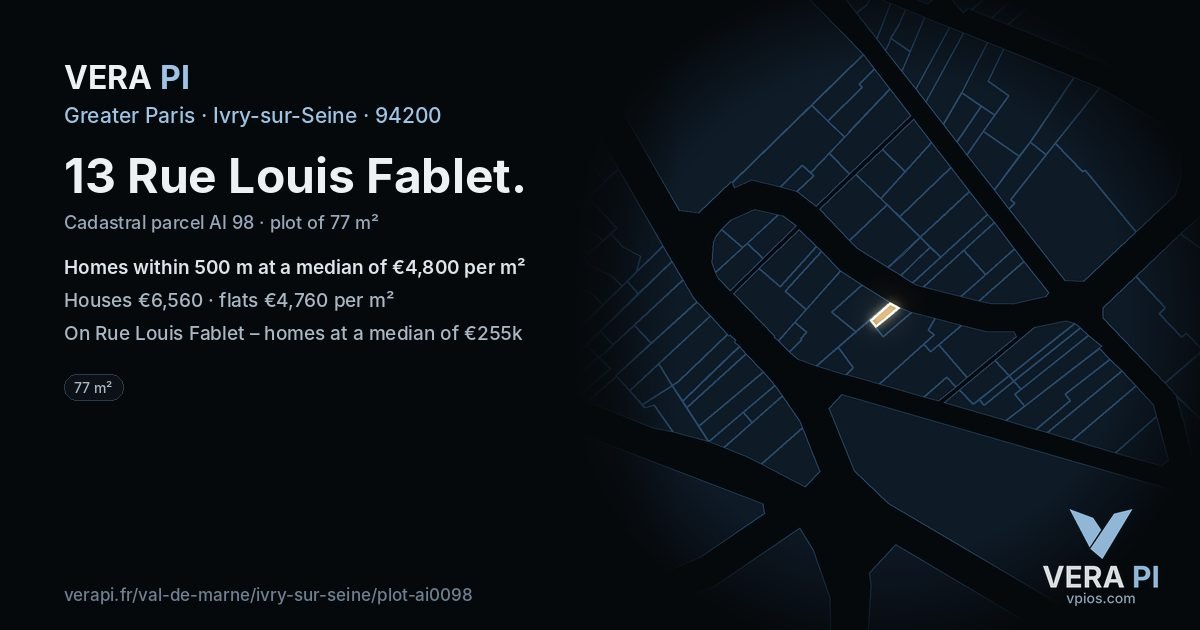13 Rue Louis Fablet, Ivry-sur-Seine at night – the plot lit, the parcels around coloured by the prices near them