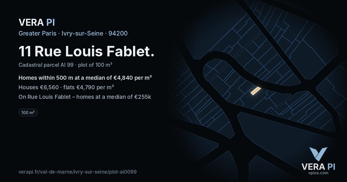 11 Rue Louis Fablet, Ivry-sur-Seine at night – the plot lit, the parcels around coloured by the prices near them