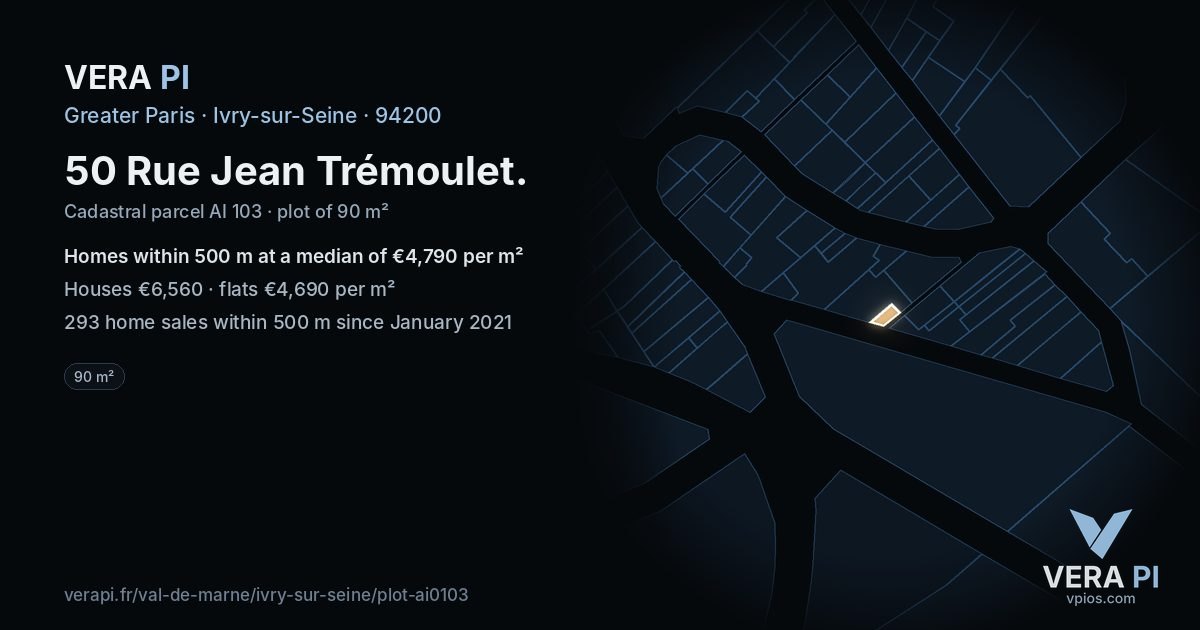 50 Rue Jean Trémoulet, Ivry-sur-Seine at night – the plot lit, the parcels around coloured by the prices near them