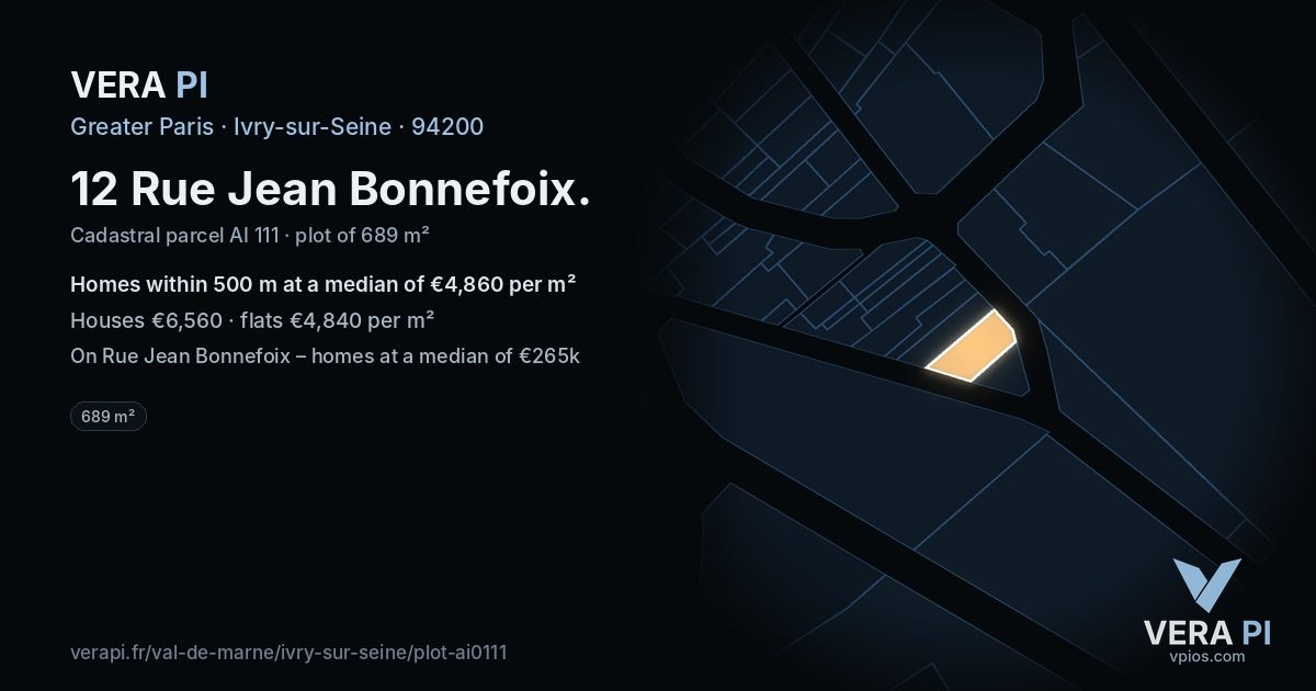 12 Rue Jean Bonnefoix, Ivry-sur-Seine at night – the plot lit, the parcels around coloured by the prices near them