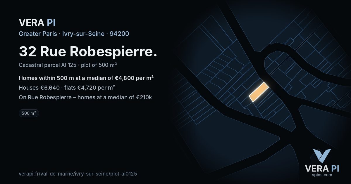 32 Rue Robespierre, Ivry-sur-Seine at night – the plot lit, the parcels around coloured by the prices near them