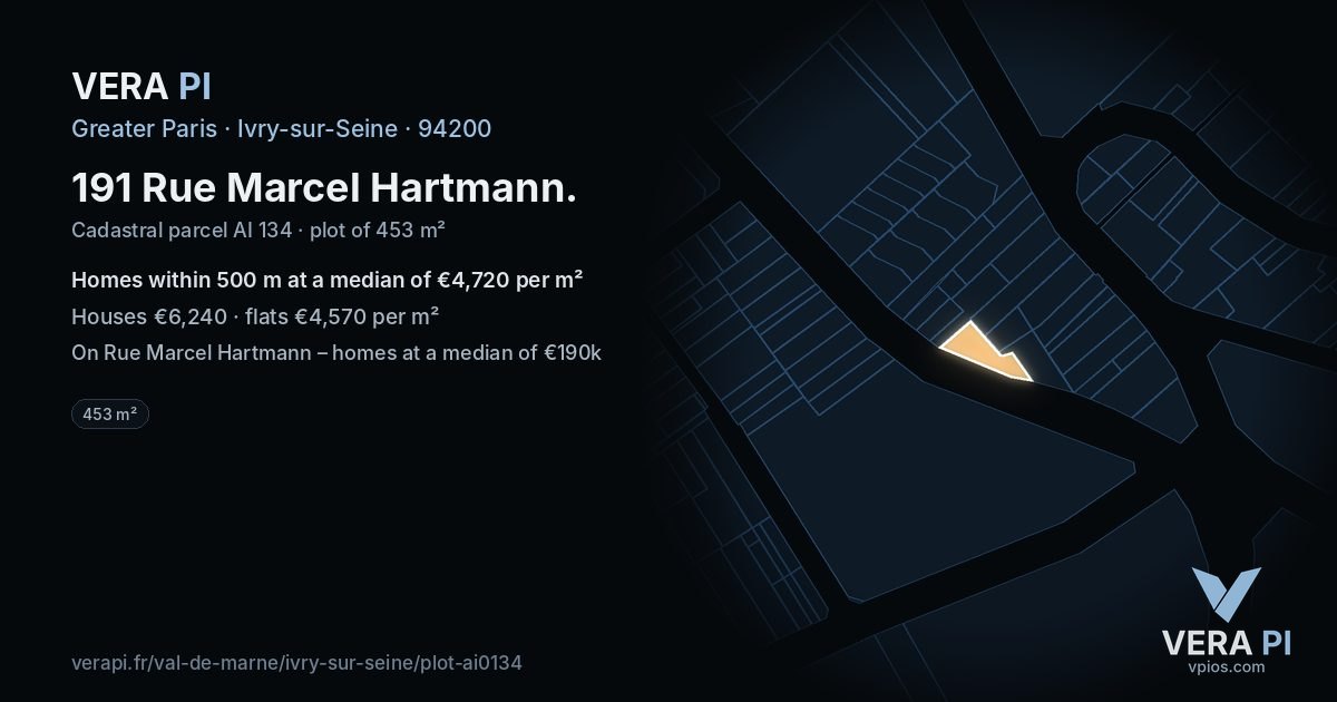 191 Rue Marcel Hartmann, Ivry-sur-Seine at night – the plot lit, the parcels around coloured by the prices near them