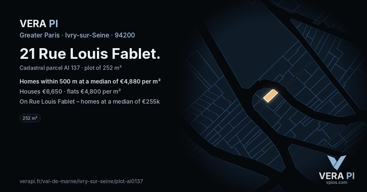 21 Rue Louis Fablet, Ivry-sur-Seine at night – the plot lit, the parcels around coloured by the prices near them