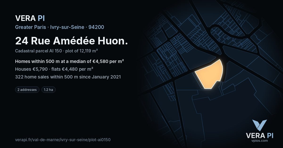 24 Rue Amédée Huon, Ivry-sur-Seine at night – the plot lit, the parcels around coloured by the prices near them