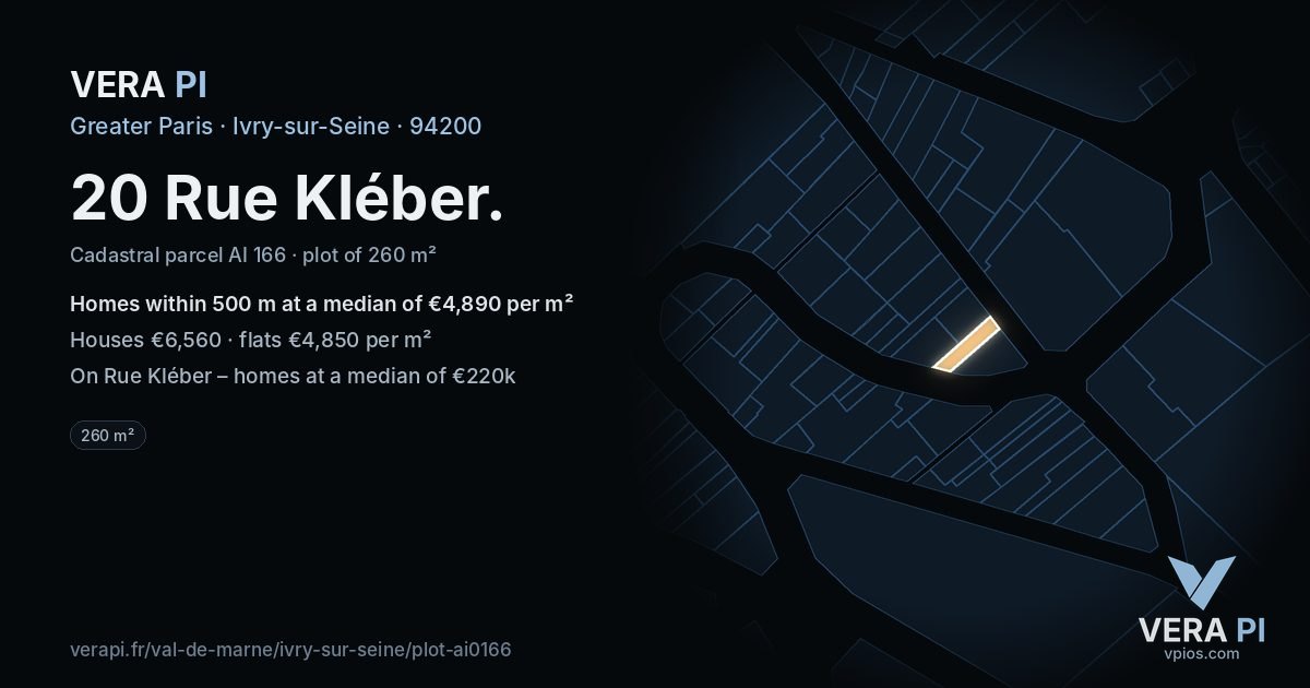 20 Rue Kléber, Ivry-sur-Seine at night – the plot lit, the parcels around coloured by the prices near them