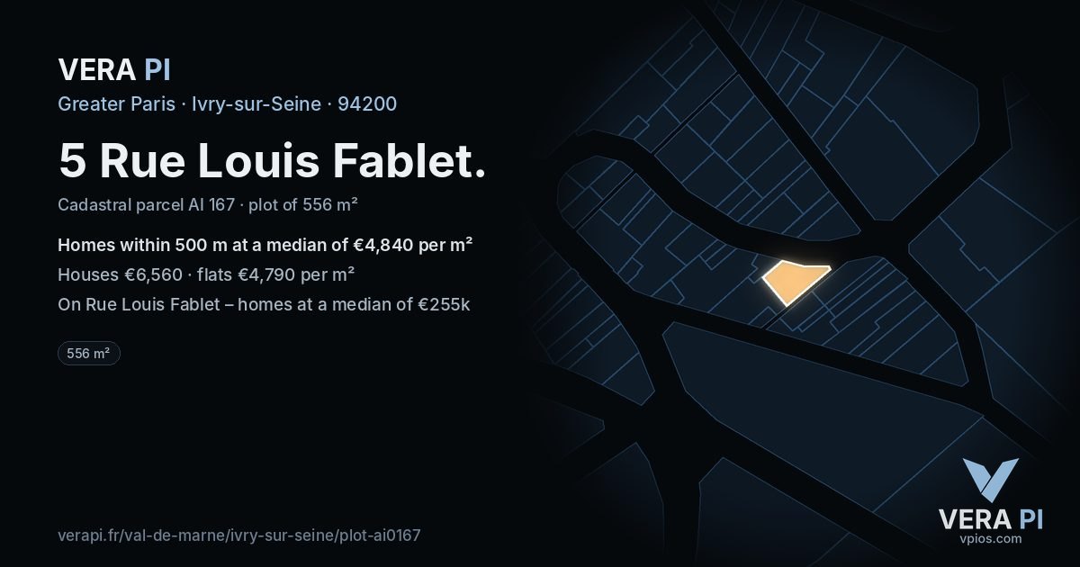 5 Rue Louis Fablet, Ivry-sur-Seine at night – the plot lit, the parcels around coloured by the prices near them