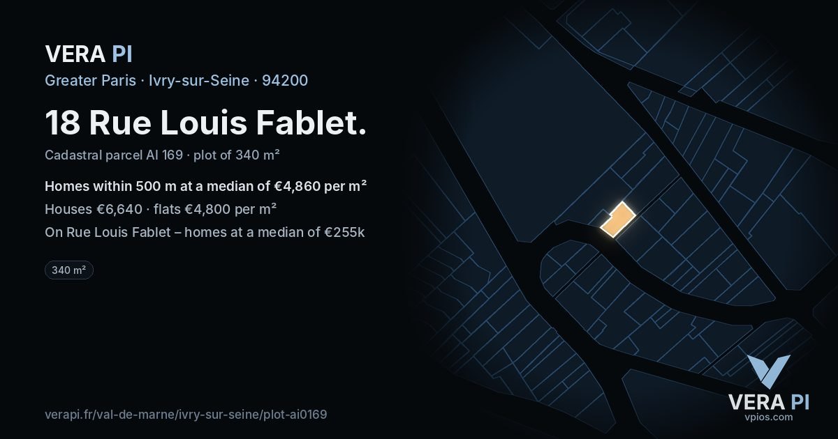 18 Rue Louis Fablet, Ivry-sur-Seine at night – the plot lit, the parcels around coloured by the prices near them
